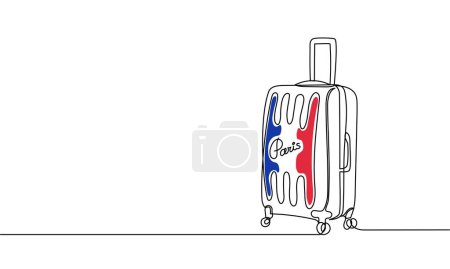 Destinos turísticos París. Línea continua vectorial, maleta, holgada. Concepto de viaje. Turismo, vacaciones. Bandera en los colores de la bandera francesa