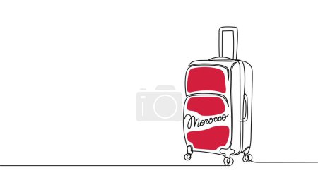 Destinos de viaje Marocco. Línea continua vectorial, maleta, holgada. Concepto de viaje. Turismo, vacaciones. Banner en los colores de la bandera marroquí