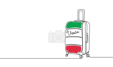 Destinos de viaje Venecia. Línea continua vectorial, maleta, holgada. Concepto de viaje. Turismo, vacaciones. Banner en los colores de la bandera italiana