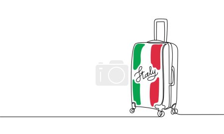 Destinos turísticos Italia. Línea continua vectorial, maleta, holgada. Concepto de viaje. Turismo, vacaciones. Banner en los colores de la bandera italiana