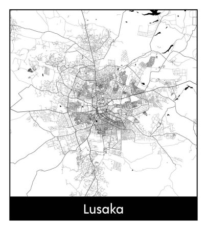Téléchargez les illustrations : Lusaka Zambie Afrique Carte de la ville illustration vectorielle noir blanc - en licence libre de droit