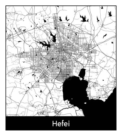 Téléchargez les illustrations : Hefei Chine Asie Carte de la ville illustration vectorielle noir blanc - en licence libre de droit