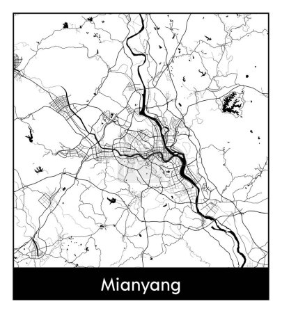 Illustration for Mianyang China Asia City map black white vector illustration - Royalty Free Image