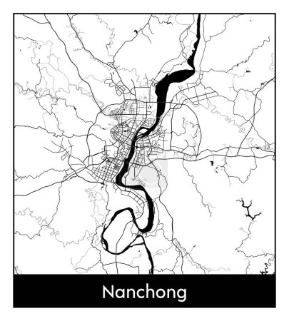 Illustration for Nanchong China Asia City map black white vector illustration - Royalty Free Image