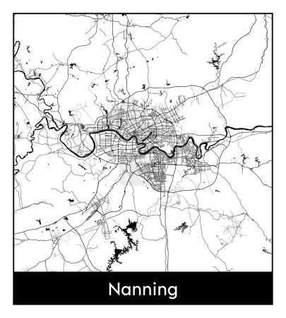 Illustration for Nanning China Asia City map black white vector illustration - Royalty Free Image