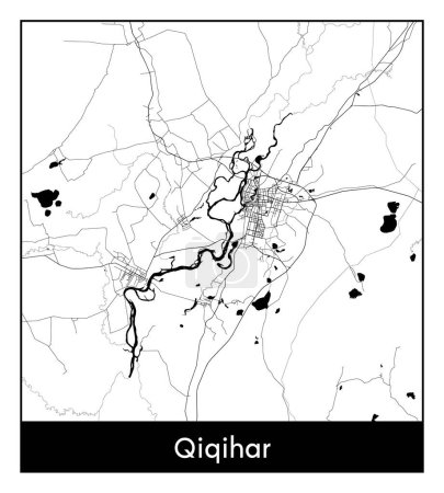 Illustration for Qiqihar China Asia City map black white vector illustration - Royalty Free Image