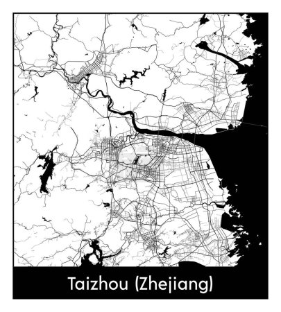 Téléchargez les illustrations : Taizhou Zhejiang Chine Asie City map noir blanc vecteur illustration - en licence libre de droit