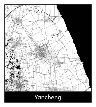 Illustration for Yancheng China Asia City map black white vector illustration - Royalty Free Image