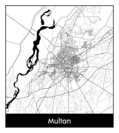 Illustration for Multan Pakistan Asia City map black white vector illustration - Royalty Free Image