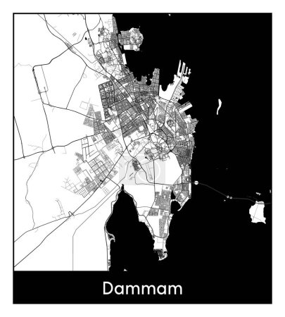 Téléchargez les illustrations : Dammam Arabie Saoudite Asie Carte de la ville illustration vectorielle noir blanc - en licence libre de droit