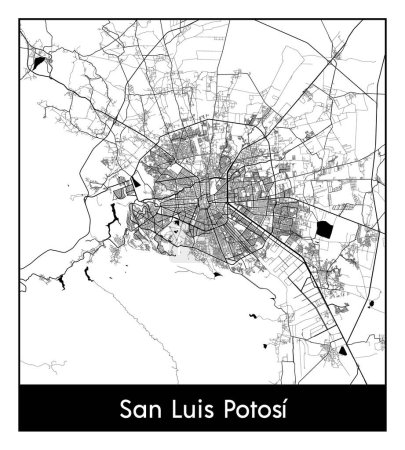 Téléchargez les illustrations : San Luis Potosi Mexique Amérique du Nord Carte de la ville illustration vectorielle noir blanc - en licence libre de droit