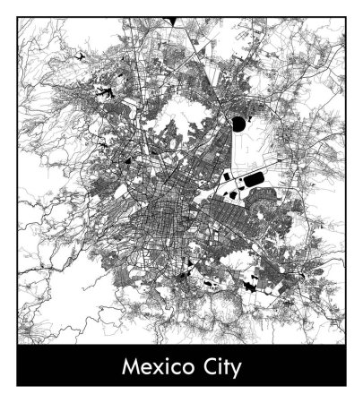 Téléchargez les illustrations : Mexique Mexique Amérique du Nord Plan de la ville illustration vectorielle noir blanc - en licence libre de droit