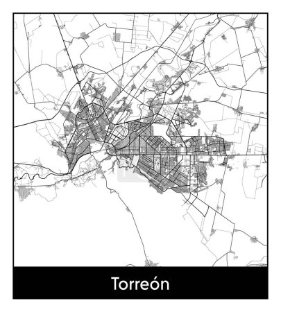 Téléchargez les illustrations : Torreon Mexique Amérique du Nord Carte de la ville illustration vectorielle noir blanc - en licence libre de droit