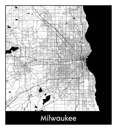 Téléchargez les illustrations : Milwaukee États-Unis Amérique du Nord Carte de la ville illustration vectorielle noir blanc - en licence libre de droit