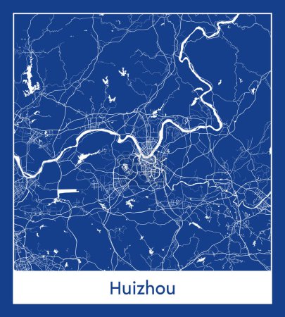 Téléchargez les illustrations : Huizhou Chine Asie Plan de ville illustration vectorielle d'impression bleue - en licence libre de droit