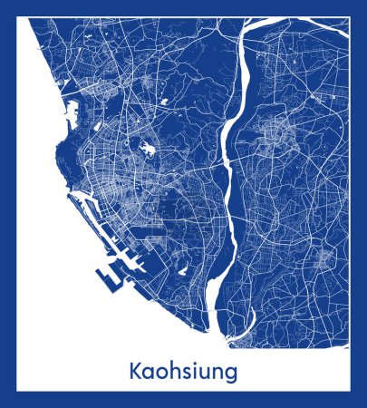 Téléchargez les illustrations : Kaohsiung Chine Asie Plan de ville illustration vectorielle d'impression bleue - en licence libre de droit