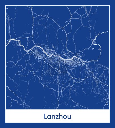Illustration for Lanzhou China Asia City map blue print vector illustration - Royalty Free Image