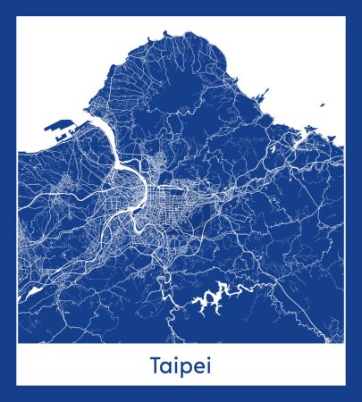 Téléchargez les illustrations : Taipei Chine Asie Plan de ville illustration vectorielle d'impression bleue - en licence libre de droit