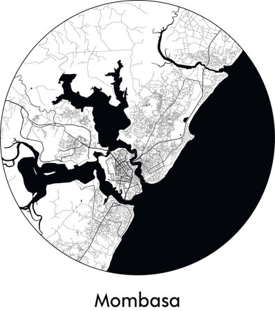 Téléchargez les illustrations : Carte de la ville de Mombasa (Kenya, Afrique) illustration vectorielle noir blanc - en licence libre de droit
