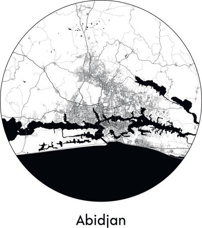 Ilustración de Mínimo Mapa de la ciudad de Abiyán (Costa de Marfil, África) negro vector blanco ilustración - Imagen libre de derechos