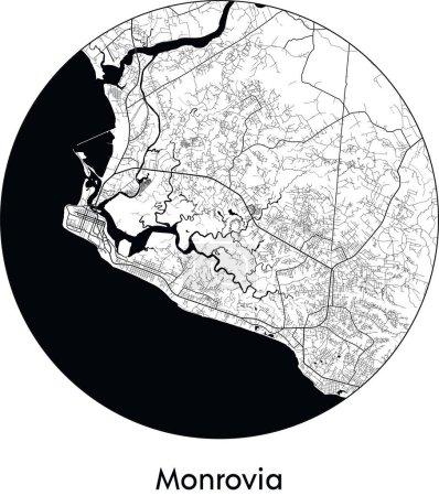 Téléchargez les illustrations : Carte de la ville de Monrovia (Libéria, Afrique) illustration vectorielle noir blanc - en licence libre de droit