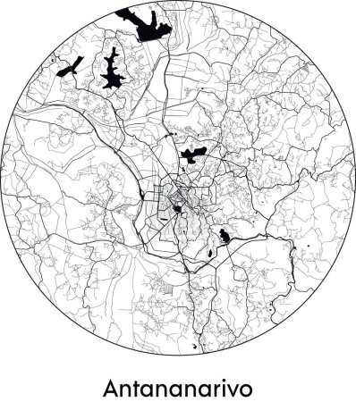 Téléchargez les illustrations : Carte de la ville d'Antananarivo (Madagascar, Afrique) illustration vectorielle noir blanc - en licence libre de droit
