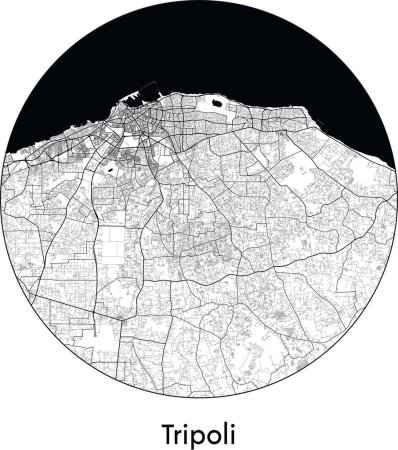Téléchargez les illustrations : Carte de la ville de Tripoli (Libye, Afrique) illustration vectorielle noir blanc - en licence libre de droit
