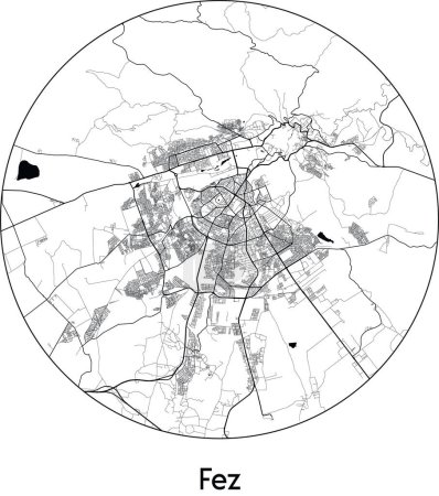 Téléchargez les illustrations : Carte de la ville de Fès (Maroc, Afrique) illustration vectorielle noir blanc - en licence libre de droit