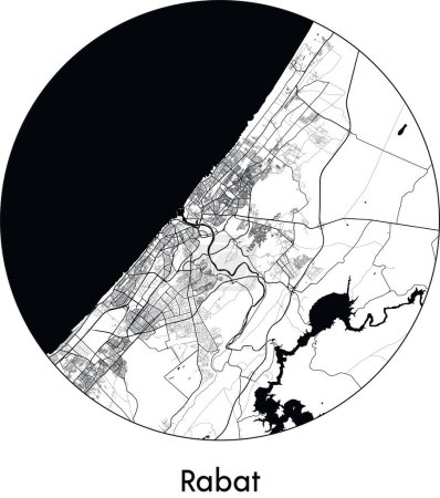 Téléchargez les illustrations : Carte de la ville de Rabat (Maroc, Afrique) illustration vectorielle noir blanc - en licence libre de droit