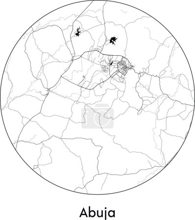 Téléchargez les illustrations : Carte de la ville d'Abuja (Nigéria, Afrique) illustration vectorielle noir blanc - en licence libre de droit