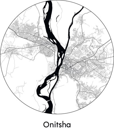 Illustration for Minimal City Map of Onitsha (Nigeria, Africa) black white vector illustration - Royalty Free Image