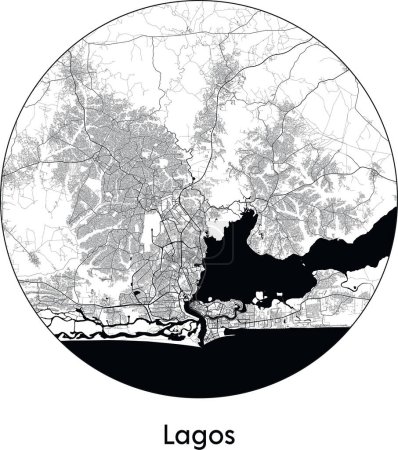 Illustration for Minimal City Map of Lagos (Nigeria, Africa) black white vector illustration - Royalty Free Image