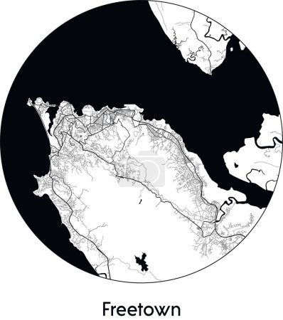 Illustration for Minimal City Map of Freetown (Sierra Leone, Africa) black white vector illustration - Royalty Free Image