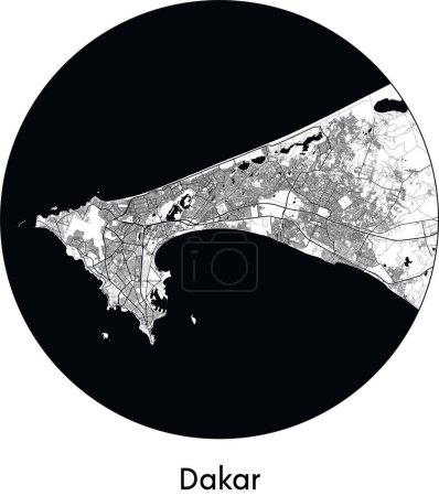 Téléchargez les illustrations : Carte de la ville de Dakar (Sénégal, Afrique) illustration vectorielle noir blanc - en licence libre de droit