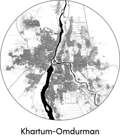 Illustration for Minimal City Map of Khartum Omdurman (Sudan, Africa) black white vector illustration - Royalty Free Image