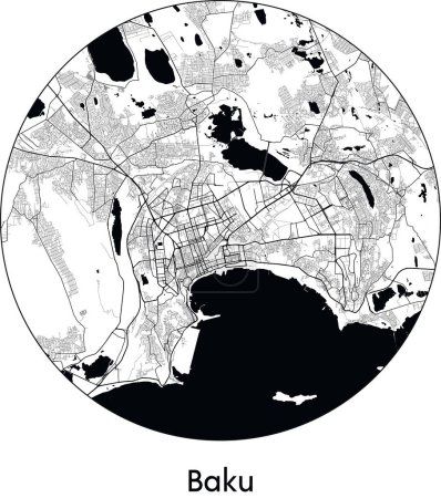 Illustration for Minimal City Map of Baku (Azerbaijan, Asia) black white vector illustration - Royalty Free Image