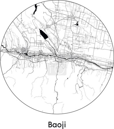 Illustration for Minimal City Map of Baoji (China, Asia) black white vector illustration - Royalty Free Image