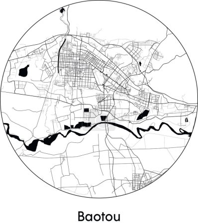 Minimal City Map of Baotou (China, Asia) black white vector illustration