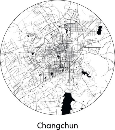 Illustration for Minimal City Map of Changchun (China, Asia) black white vector illustration - Royalty Free Image
