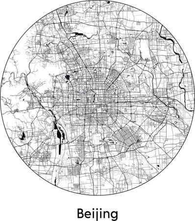 Illustration for Minimal City Map of Beijing (China, Asia) black white vector illustration - Royalty Free Image