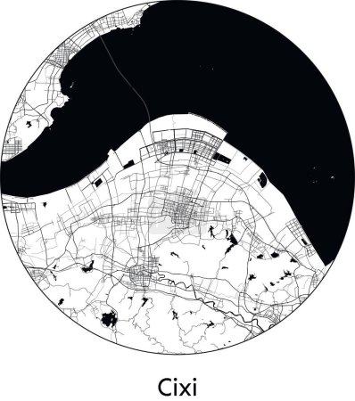 Téléchargez les illustrations : Carte de la ville de Cixi (Chine, Asie) illustration vectorielle noir blanc - en licence libre de droit