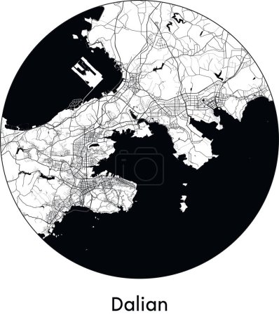 Illustration for Minimal City Map of Dalian (China, Asia) black white vector illustration - Royalty Free Image