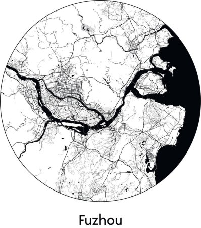 Illustration for Minimal City Map of Fuzhou (China, Asia) black white vector illustration - Royalty Free Image
