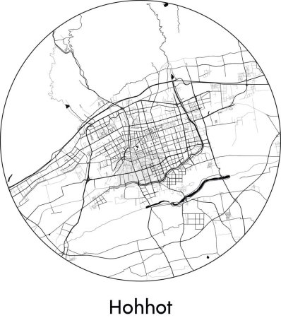 Téléchargez les illustrations : Carte de ville de Hohhot (Chine, Asie) illustration vectorielle noir blanc - en licence libre de droit