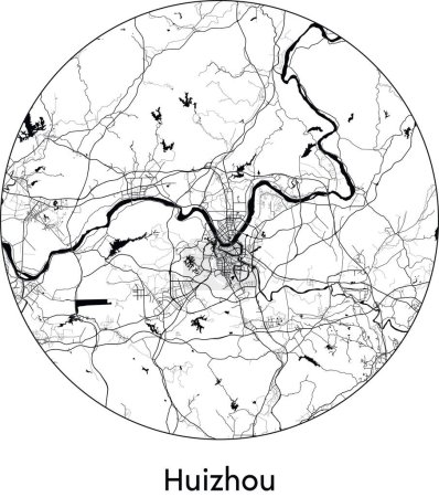 Illustration for Minimal City Map of Huizhou (China, Asia) black white vector illustration - Royalty Free Image