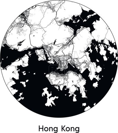 Téléchargez les illustrations : Carte de la ville de Hong Kong (Chine, Asie) illustration vectorielle noir blanc - en licence libre de droit