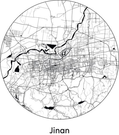 Illustration for Minimal City Map of Jinan (China, Asia) black white vector illustration - Royalty Free Image
