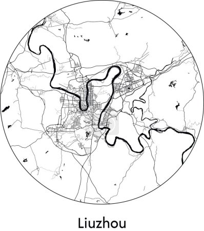 Illustration for Minimal City Map of Liuzhou (China, Asia) black white vector illustration - Royalty Free Image