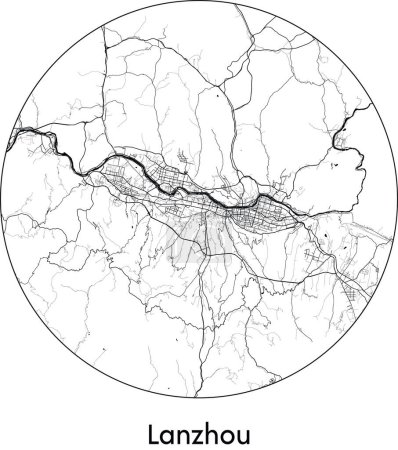 Illustration for Minimal City Map of Lanzhou (China, Asia) black white vector illustration - Royalty Free Image