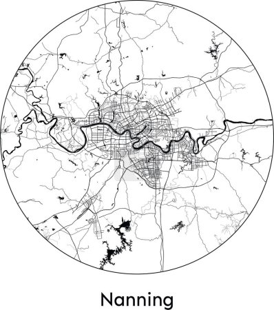 Illustration for Minimal City Map of Nanning (China, Asia) black white vector illustration - Royalty Free Image